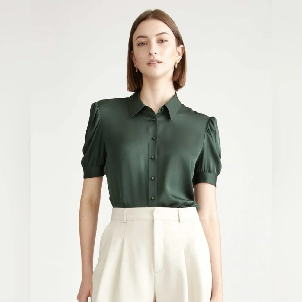 Quince Washable Stretch Silk Puff Sleeve Blouse Black - Picture 9 of 9